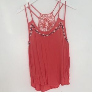 Coral Tank with Floral Embroidery
